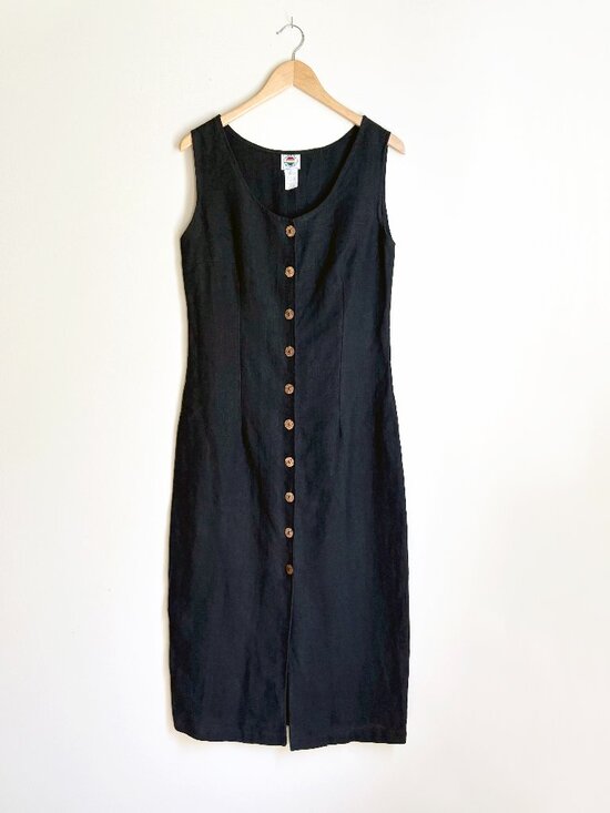 Crucial Creations Dresses & Skirts - Vintage 90s Crucial Creations 100% Hemp Black Button Front Midi Dress Size L